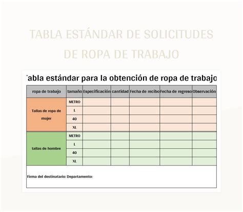 Plantilla De Excel Tabla Estándar De Solicitudes De Ropa De Trabajo Y