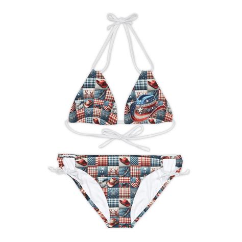 Red White And Blue Cowgirl Hat Pattern Patriotic Two Piece Bikini Patriotic Swimwear Forth