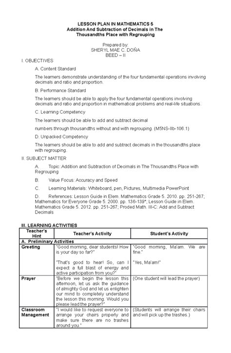 Detailed Lesson Plan For Elementary Math