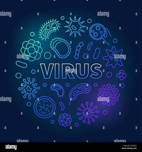 Virus Round Vector Blue Bright Illustration In Thin Line Style On Dark