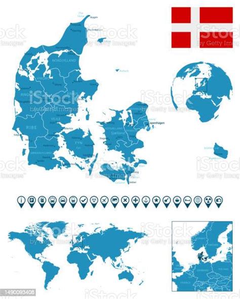 デンマーク 都市地域世界地図と地球上の位置と詳細な青い国の地図インフォグラフィックアイコン アイコンのベクターアート素材や画像を多数ご用意