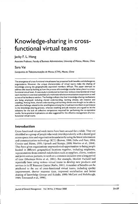 Pdf Knowledge Sharing In Cross Functional Virtual Teamslostlagoon