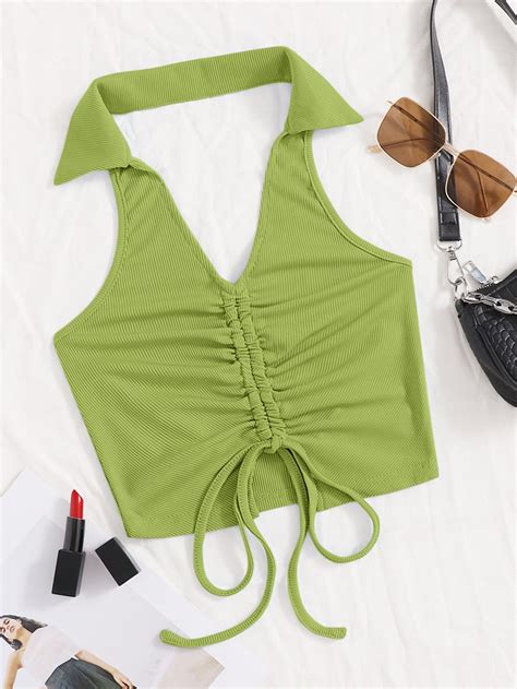 Drawstring Ruched Halter Top Halter Tops Outfit Womens Halter Tops