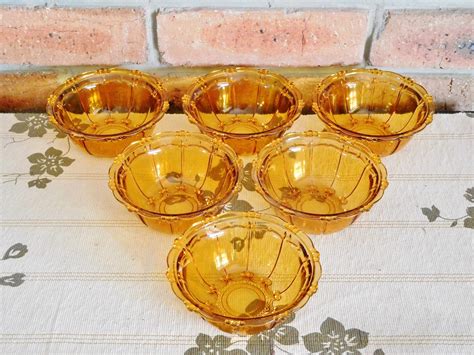 6 Amber Glass Mid Century Small Dessert Fruit Bowls Vintage 1940s