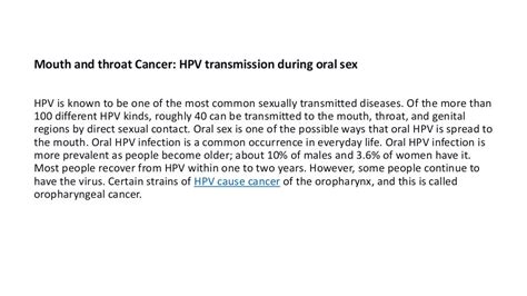 Mouth And Throat Cancer Hpv Transmission During Oral Sex Pptx