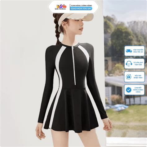 Váy bơi nữ tay dài Bikini liền thân cao cấp chống nắng Đầm bơi màu đen kín đáo YouYou Yuri