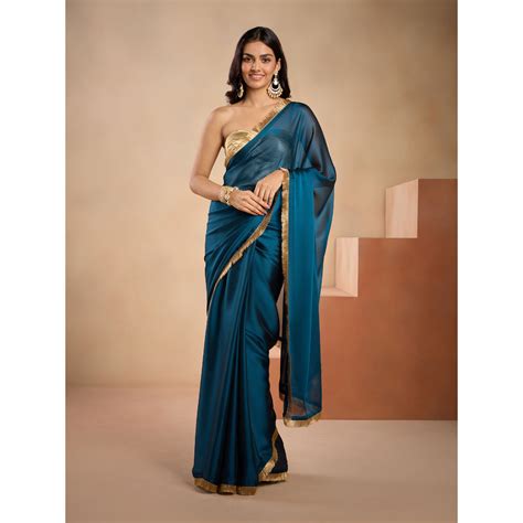 Buy Gajra Gang Vintage Rani Blue Gold Fringes Border Saree Ggsar