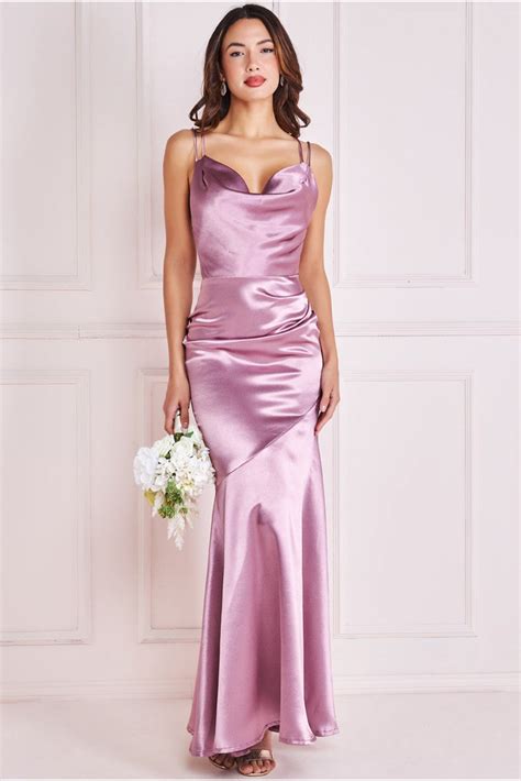 Goddiva Satin Cowl Neck With Strappy Back Maxi Pink