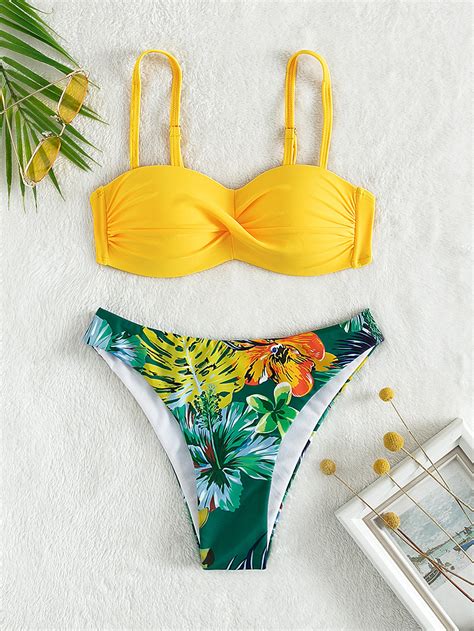 SHEIN Swim Vcay Bañador bikini al azar con estampado tropical fruncido