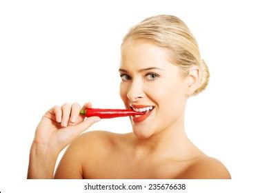 Happy Blonde Nude Woman Eating Chilli Stock Photo Shutterstock