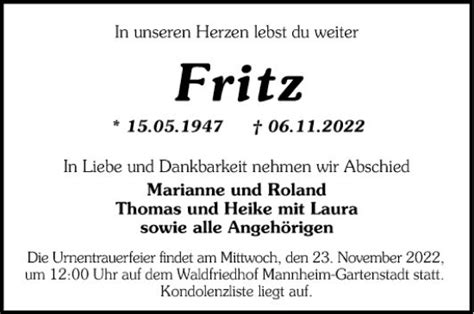 Traueranzeigen Von Fritz Trauerportal Ihrer Tageszeitung