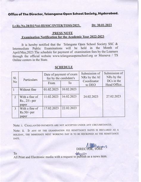 Toss Ssc And Intermediate Examination 2023 Fee Dates Announced