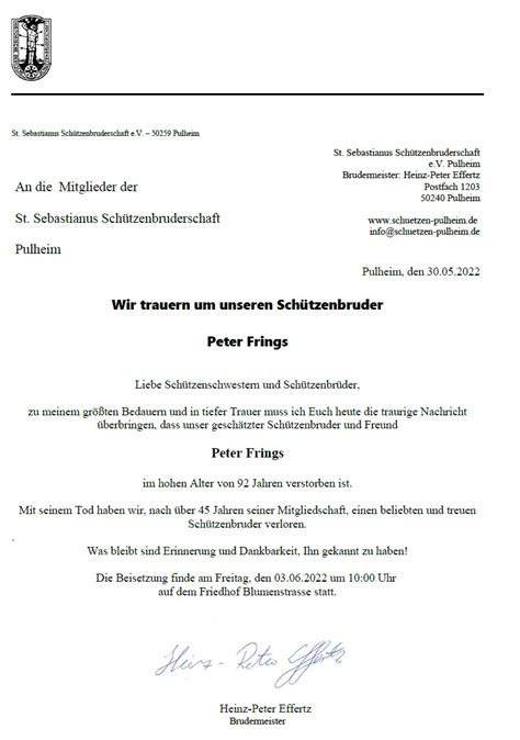 Trauer Um Unseren Sch Tzenbruder Peter Frings St Sebastianus