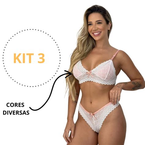 Kit 3 Conjunto Sensual Renda Sutiã Sem Bojo Calcinha Forro Algodão