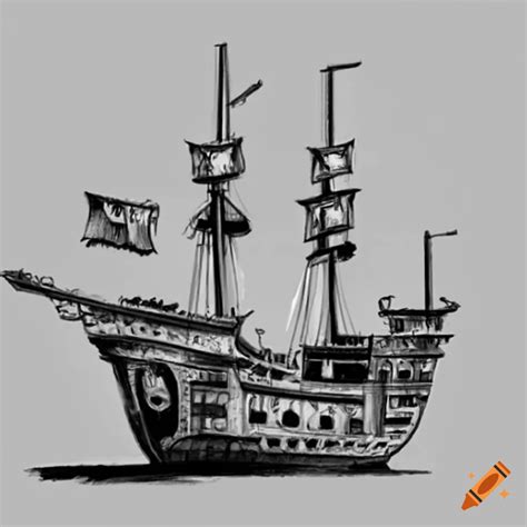 Side View Of A Black And White Pirate Ship Drawing On Craiyon