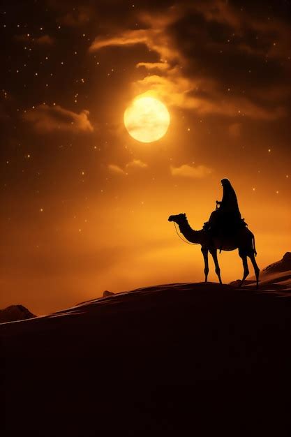 Premium AI Image Camels And Human In The Arabian Desert In Sunset