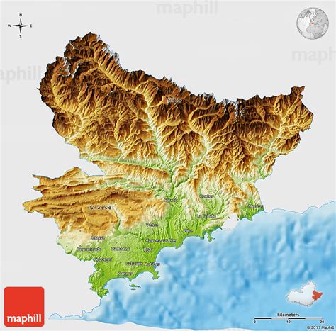 Physical 3D Map of Alpes-Maritimes, single color outside