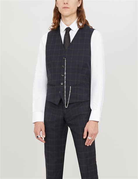 The Kooples Chain Detail Checked Wool Waistcoat In Blue For Men Lyst