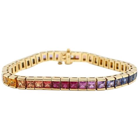 Rainbow Sapphire In Line Tennis Bracelet 18k Yellow Gold For Sale At 1stdibs