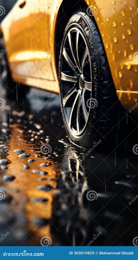 Wet Traction Close Up Of Car Tires Gripping Rain Soaked Pavement Stock