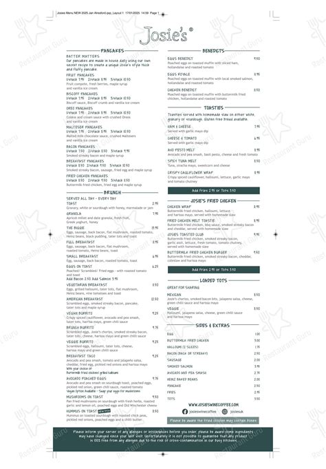 Menu at Josie's cafe, Eastleigh