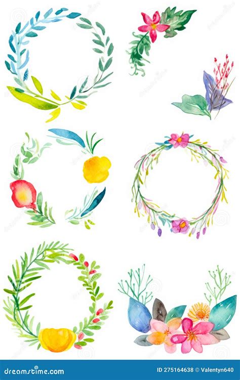 Set Of Watercolor Floral Wreaths With Leaves And Flowers On White