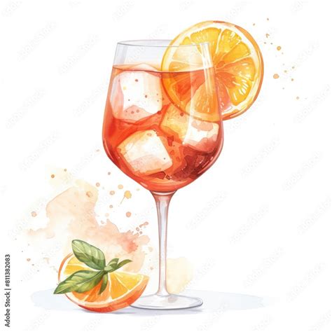 Watercolor Aperol Spritz Cocktail Illustration With Orange Isolated On White Background Stock