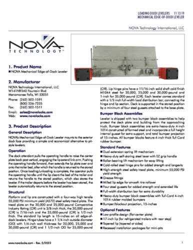 Nova Mechanical Edge Of Dock Leveler Product Specifications Nova