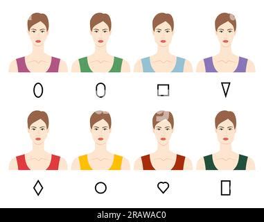 Set of Women faces shape types - heads oval, oblong, square, inverted triangle, diamond, round ...