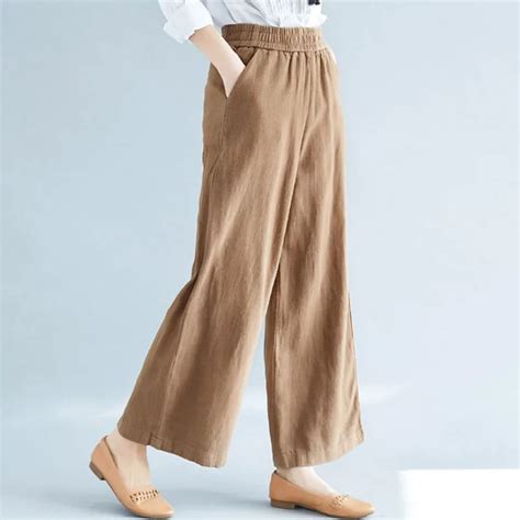 Buy Linen Wide Leg Pants For Women Ealstic Waist Plus