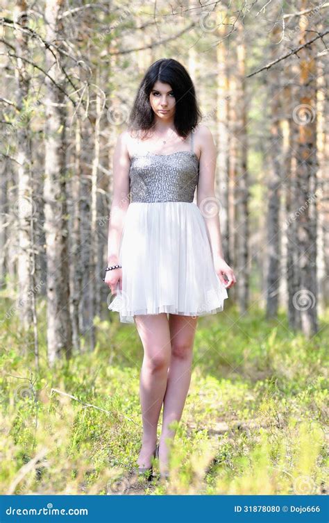 Brunette Girl In Forest In White Dress Stock Photo Image Of Beautiful