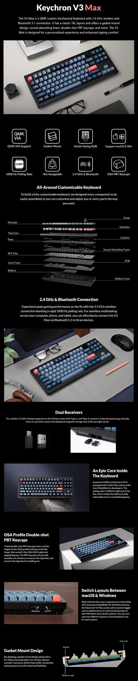 Keychron V3 Max QMK 80 Custom Hot Swap Wireless Mechanical Keyboard Knob Version Red Switch
