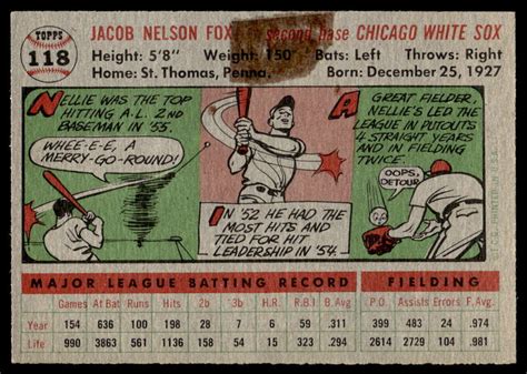 1956 Topps 118 Nellie Fox HOF Chicago White Sox Grey Back CREASE FREE