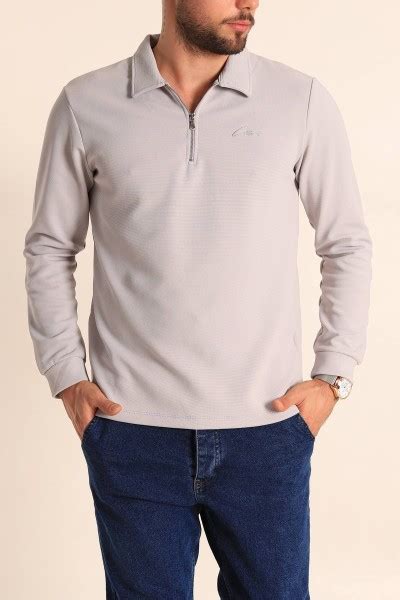 Gri Slim Fit Jakarl Yar M Fermuarl Erkek Sweatshirt