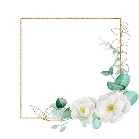 Vintage Gold Square Frame With Watercolor Flowers And Eucalyptus Leaves