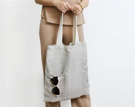 Linen Tote Bag With Pockets Linen Eco Bag Linen Market Bag Etsy