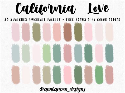 California Love Procreate Palette 30 Hex Color Codes Instant Digital Download Ipad Pro Boho