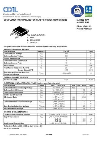 MJD122 DARLINGTON PLASTIC POWER TRANSISTORS CDIL DPAK TO252 SMD NPN