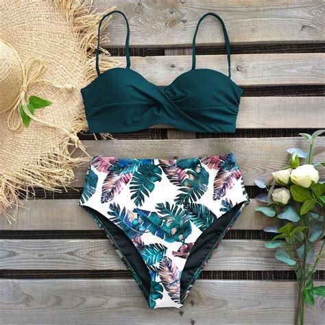 Sexy Leaf Print Bikini 2021 Female Swimsuit Women Swimwear Thong Push Up Bikinis Set High Waist