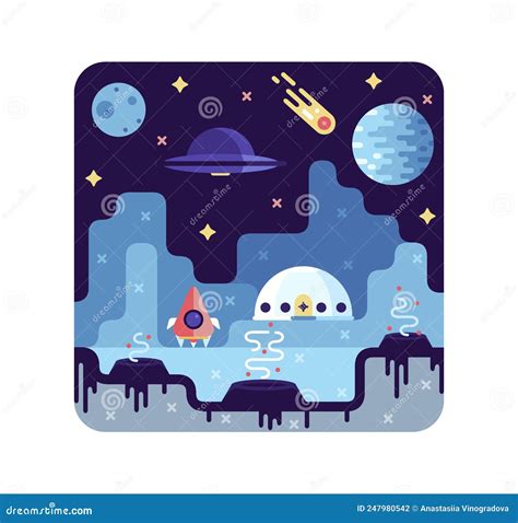 Space Research Station - Vector Cartoon Illustration with Space Rocket