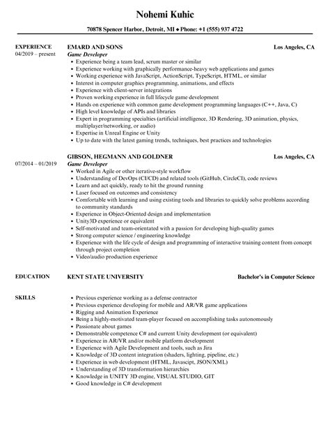 Game Developer Resume Samples Velvet Jobs