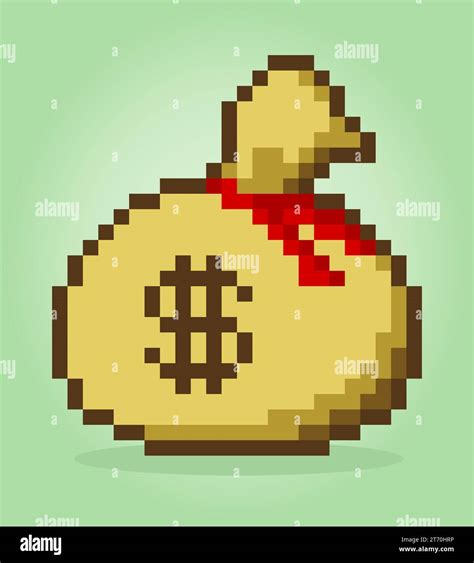 Pixel Bit Money Bag Game Assets Icon In Vector Illustration Stock