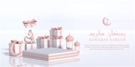 Podio de ilustración 3d de ramadan kareem con linterna y caja de regalo