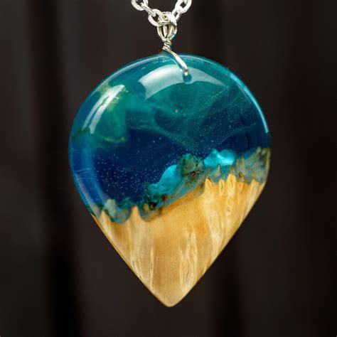 Wood Resin Necklace Aurora Borealis Pendant Wood Resin Etsy