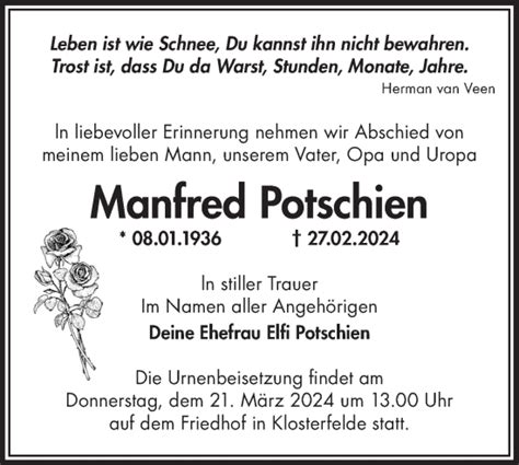 Traueranzeigen von Manfred Potschien Märkische Onlinezeitung Trauerportal