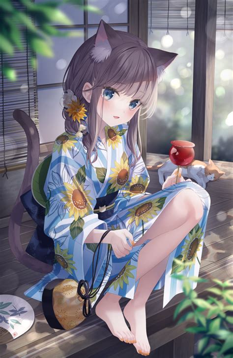 Blue Eyes Kimono Cat Ears Cats Candy Apple Cat Tail Cat Girl Hd Phone Wallpaper Rare Gallery