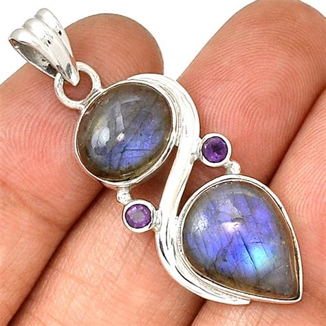 Pendentif protection labradorite et améthyste monture argent 925 ref 6090