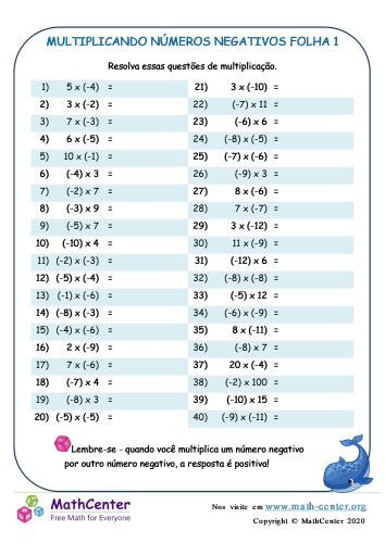 Multiplicando N Meros Negativos Folha Planilhas Math Center