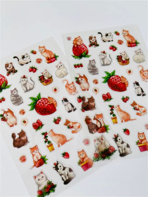 Kawaii Cat Sticker Sheet Cute Strawberry Stickers Food Etsy