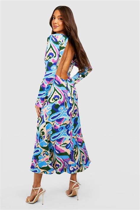 Dresses Plunge Abstract Long Sleeve Maxi Dress Boohoo